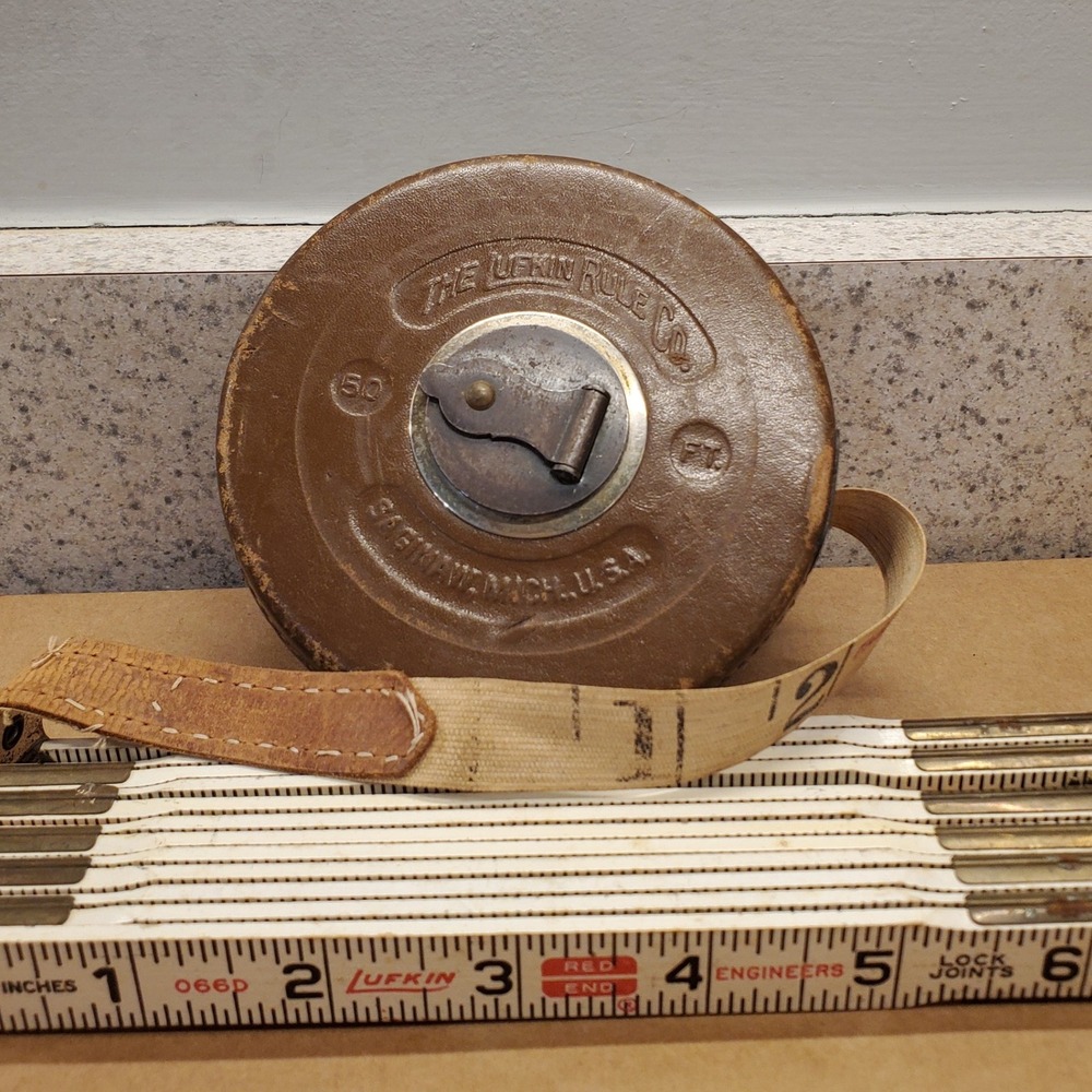 Lufkin Rule Co Vintage 50ft Metallic Tape Measure Brown Leather Good Manual Wind